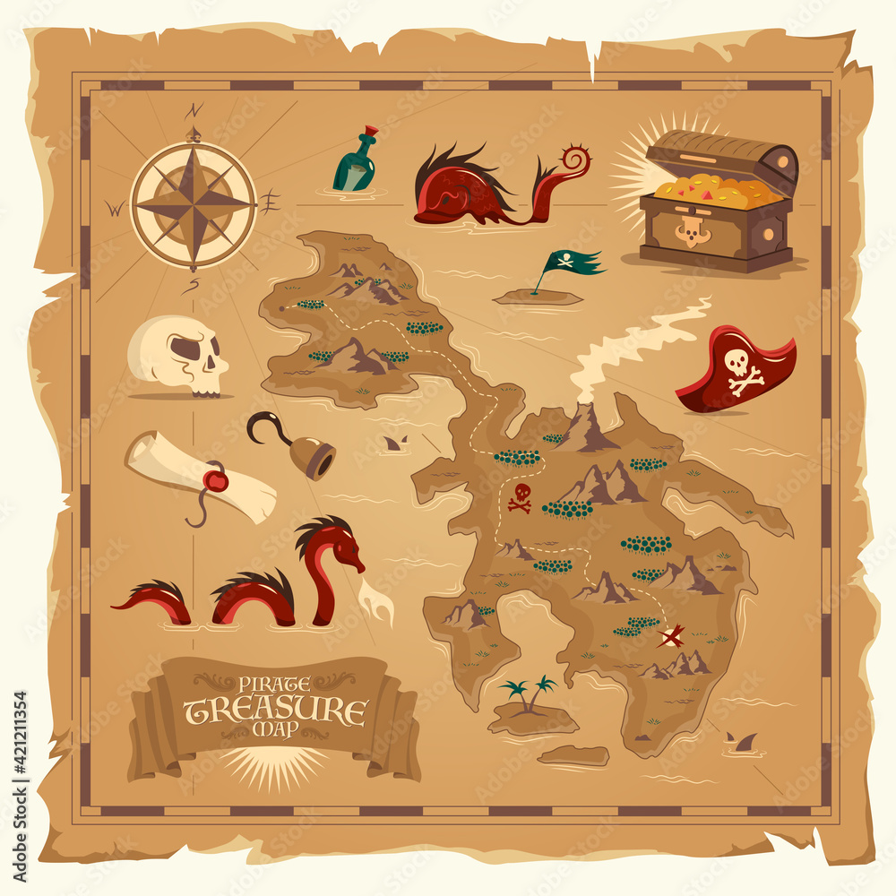 Pirate Treasure Map Old Parchment Stock Vector | Adobe Stock