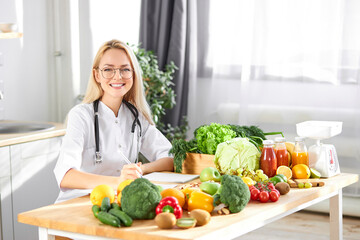 Wall Mural - Portrait of young caucasian woman nutritionist in medical gown with fresh vegetables