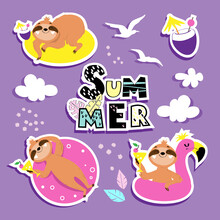 Fashion Patch Badges With Summer Sloths On A Purple Background. Sloth On An Inflatable Pink Flamingo And On A Rubber Ring And The Inscription Summer For Children