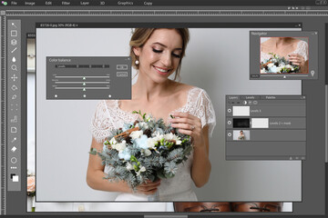 Fototapete - Professional photo editor application. Image of beautiful bride with wedding bouquet