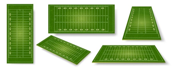 Wall Mural - American football field. Realistic ball sport pitch sheme with zone markings. Stadium grass court perspective, side and top view vector set