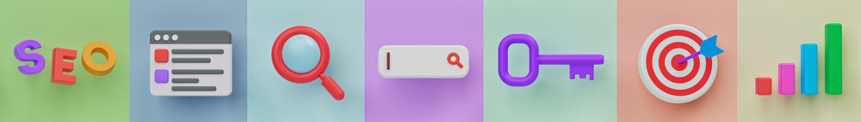Poster - 3d SEO icons set. minimal collection. horizontal banner. Search Engine Optimization. 3d rendering