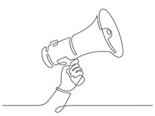 One Line Hand With Megaphone. Person Hold Loudspeaker In Continuous Lines Style. Symbol Of Sale, Hiring Or Event Announcement Vector Concept