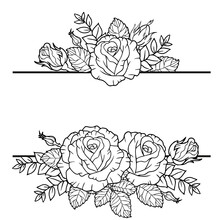 Borders Of Rose Flowers, Branches And Leaves. Vector Isolated On White Background. Coloring Book For Adults, Elements For Packaging Design Of Cosmetics, Medicine, Tea, Wedding Invitetion And Cards