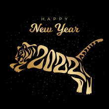 Happy New Year 2022. The Year Of The Tiger Of Lunar Eastern Calendar. Creative Tiger Logo And Number 2022 On A Black Background. Happy New Year Greeting Card.