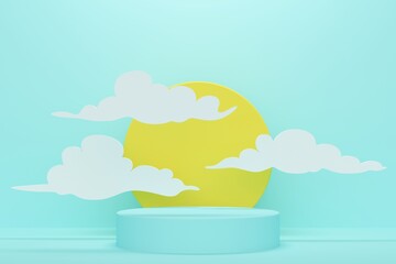 Wall Mural - Abstract blue background with a podium for cosmetics, clouds and sun. 3d rendering