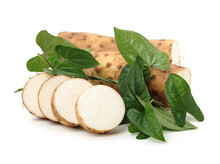 Chinese Yam And Leaves Isolated On White Background Stock Photo