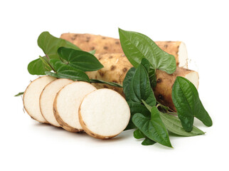 Chinese yam and leaves isolated on white background stock photo