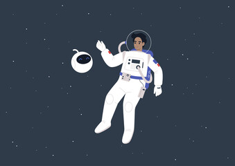 a young male astronaut in a spacesuit and a cute round robot floating in outer space, a futuristic l