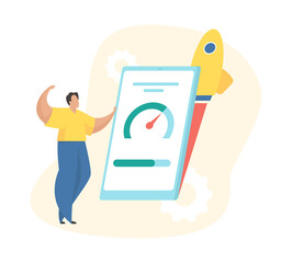 Poster - Accelerated mobile concept illustration. Male character stands in front of a smartphone with a speedometer on the screen. Rocket takes off behind smartphone. Website loading optimization. Flat vector