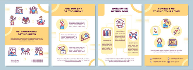 International dating sites brochure template. Are you shy or busy. Flyer, booklet, leaflet print, cover design with linear icons. Vector layouts for presentation, annual reports, advertisement pages