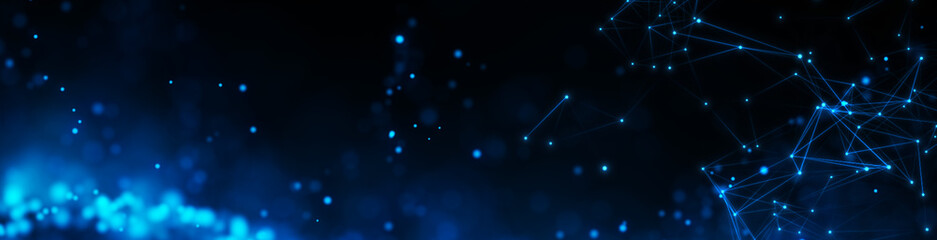 Wall Mural - abstract panoramic blue bokeh defocus glitter blur background. technology background concept.