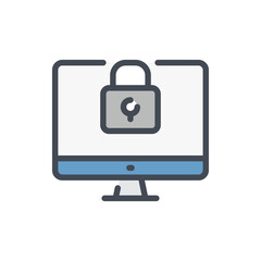 Poster - Computer with padlock color line icon. Access to computer and Protection of information vector outline colorful sign.