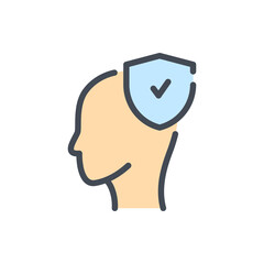 Poster - Head with shield and check mark color line icon. Personal protection vector outline colorful sign.