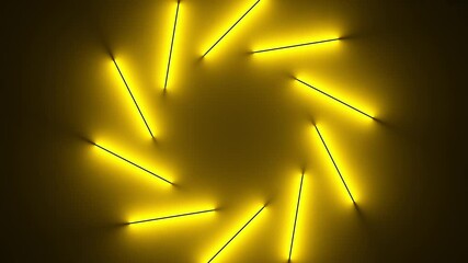Poster - Glowing surfaces of yellow light rotate and illuminate. 3D render of neon illuminating surfaces motion background.