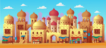 Panorama Of Ancient Arab City With Houses And The Arab Market. Vector Illustration In Cartoon Style.