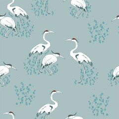Naklejka na meble Crane Bird hand drawn background seamless pattern Heron sketch vector print textile