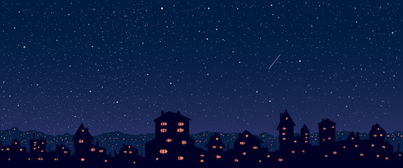 vector cartoon vintage town against stars at night