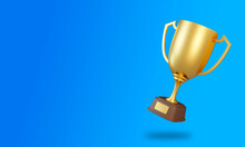 Trophy Cup On Blue Background. Sport Tournament Award, Gold Winner Cup And Victory Concept. 3d Rendering Illustration