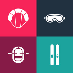 Wall Mural - Set pop art Ski and sticks, Rafting boat, goggles and Parachute icon. Vector