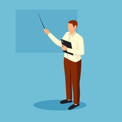 Poster - Teacher conducts lesson isometric illustration. Male character with pointer and in business suit giving lecture near vector board.