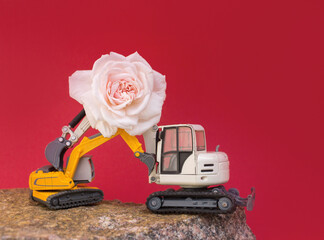 Wall Mural - big pink rose flower on the arrow of two toy construction vehicles - excavator. business - congratulations, holiday builder day. postcard for construction business. romance in the world of cars