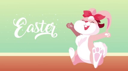 Canvas Print - happy easter lettering with cute rabbit girl