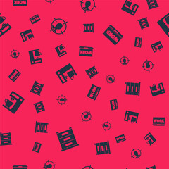 Poster - Set Drawer with documents, Head hunting concept, Coffee machine and Laptop text work on seamless pattern. Vector