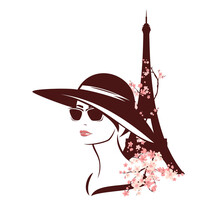 Young Woman Wearing Sunglasses And Wide Brimmed Hat Among Blooming Tree Branches And Eiffel Tower - Fashion Spring In Paris Vector Design