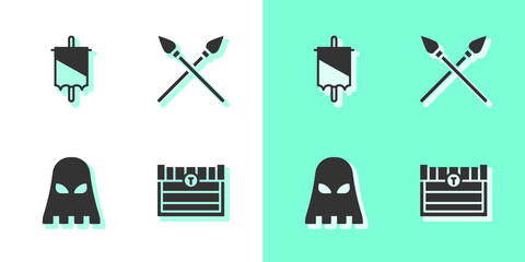 Set Antique treasure chest, Medieval flag, Executioner mask and Crossed medieval spears icon. Vector