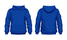 Blue Hoodie Front And Back Views. Sweater Cotton Hooded Fashion Sweatshirt For Everyday Wear And Expressing Streetwear Vector Style.