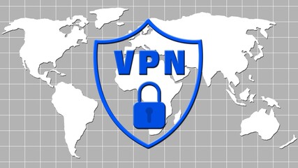 Poster - VPN blue logo in shield with padlock over grid pattern with white world map on gray background - cyber security concept of Virtual Private Network - 3D Illustration