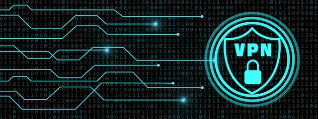 Poster - VPN logo in shield with padlock - information connecting lines on digital binary code background - cyber security concept of Virtual Private Network - 3D Illustration