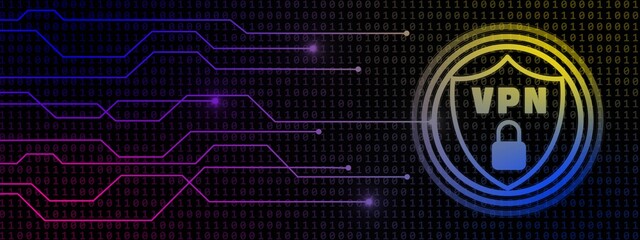 Poster - VPN logo in shield with padlock - information connecting lines on digital binary code background - cyber security concept of Virtual Private Network - 3D Illustration