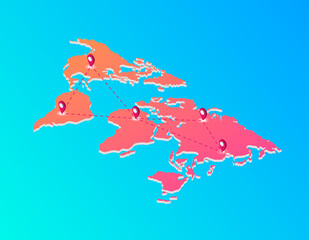 Poster - World map with web route labels isometric. Red continents with gps pointers on blue gradient space dotted roads connecting points vector delivery.