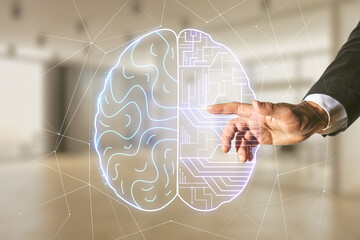 Poster - Man hand clicks on virtual creative artificial Intelligence hologram with human brain sketch on blurred office background. Double exposure
