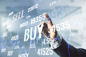 Poster - Multi exposure of analyst hand with pen working with virtual abstract financial diagram on blurred office background, banking and accounting concept