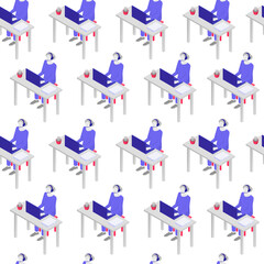 Poster - Support service consultation isometric seamless pattern. Character in blue uniform with headphones behind laptop gives advice sales manager talks vector client.