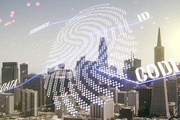 Aufkleber - Abstract virtual fingerprint hologram on San Francisco skyline background. Multiexposure