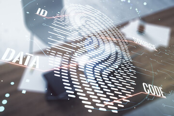 Poster - Abstract creative fingerprint illustration and modern desktop with pc on background, personal biometric data concept. Multiexposure