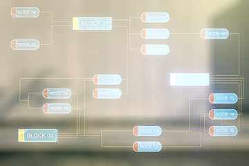 Poster - Double exposure of abstract programming language interface on modern business center exterior background, research and development concept