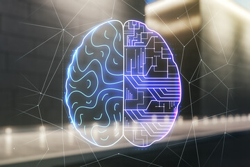 Aufkleber - Virtual creative artificial Intelligence hologram with human brain sketch on blurry modern office building background. Multiexposure