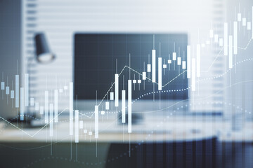 Double exposure of abstract creative financial chart on modern laptop background, research and strategy concept