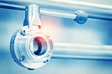 Poster - Stainless steel pipes in the factory. Construction on food production, Abstract industry background.