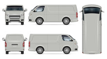 Van Vector Mockup On White Background For Vehicle Branding, Corporate Identity. View From Side, Front, Back, Top. All Elements In The Groups On Separate Layers For Easy Editing And Recolor