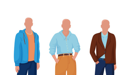 Wall Mural - Mens clothing styles. Stylish modern fashion with jacket buttoned up one button and loose jacket sweatshirt blue shirt with yellow vector jeans.