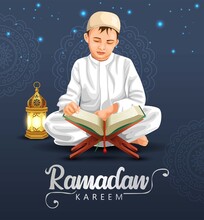Ramadan Kareem And Eid Mubarak Greetings. Islamic Boy Reading Quran Vector Illustration Design