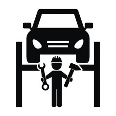 Wall Mural - car repair shop, auto on a stand and repairman, black silhouette, vector icon