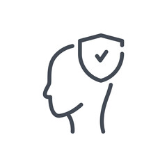 Poster - Head with shield and check mark line icon. Personal protection vector outline sign.