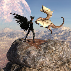 Wall Mural - Illustration of a winged female being playing with a flying dragon on an alien world.